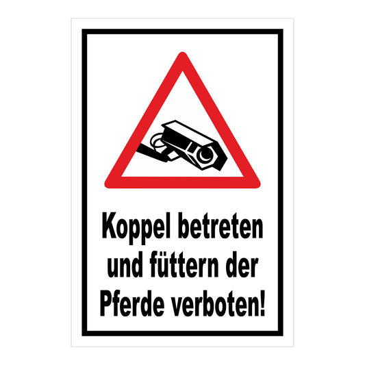 Schild Koppel betreten und Pferde füttern verboten in Weiß mit schwarzem Rand