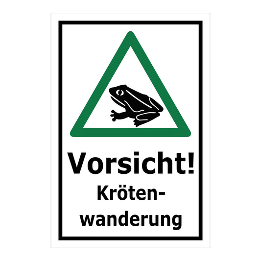 Schild Vorsicht Krötenwanderung ‚Vorsicht! Kröten-wanderung‘ mit weißem Hintergrund und grünem Warndreieck