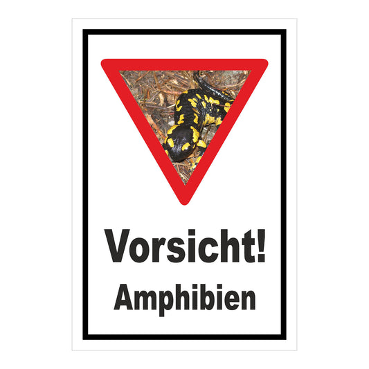 Schild Amphibien Vorsicht Hinweis mit Foto ‚Vorsicht! Amphibien‘ in Weiß mit schwarzem Rand und Warnsymbol