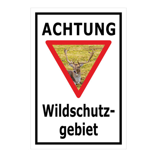 Schild Achtung Wildschutzgebiet mit Hirschmotiv „ACHTUNG Wildschutz-gebiet“ in Weiß mit schwarzem Rahmen