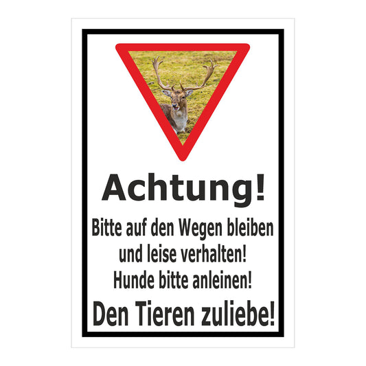 Schild Achtung Bitte auf den Wegen bleiben Hunde anleinen Den Tieren zuliebe in Weiß mit schwarzem Rahmen