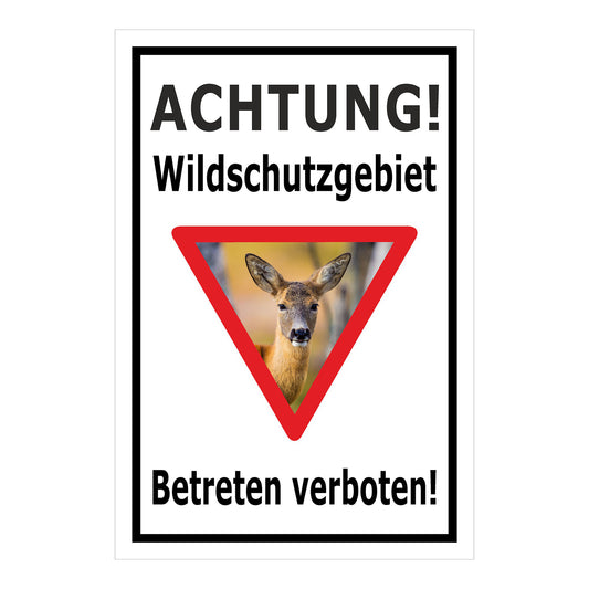 Schild Wildschutzgebiet Betreten verboten mit Reh Motiv in Weiß mit schwarzem Rand
