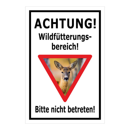 Schild Achtung Wildfütterungsbereich Bitte nicht betreten in weiß mit schwarzem Rand