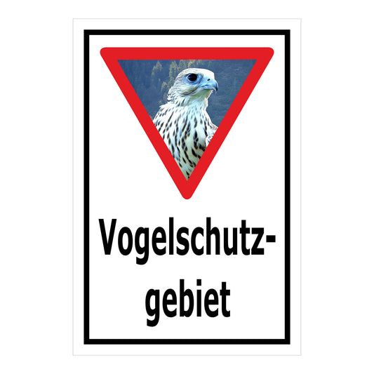 Schild Vogelschutzgebiet Hinweis mit Greifvogelmotiv „Vogelschutz- gebiet“ in Weiß mit schwarzem Rahmen