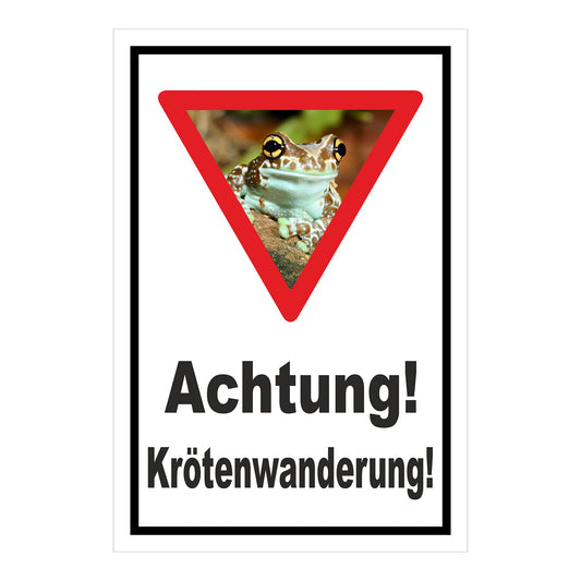 Schild Achtung Krötenwanderung „Achtung! Krötenwanderung!“ weißer Hintergrund schwarzer Rand rotes Dreieck mit Froschbild