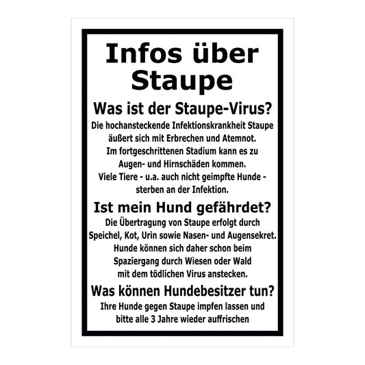Schild Infos über Staupe Hinweis für Hundebesitzer in Weiß Schwarz mit schwarzem Rahmen