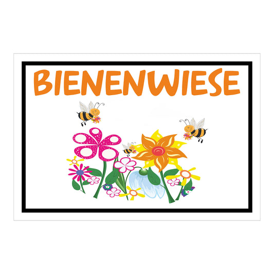 Schild Bienenwiese Hinweis mit Blumen und Bienenmotiv ‚BIENENWIESE‘ in Weiß mit schwarzem Rand und orange Schrift