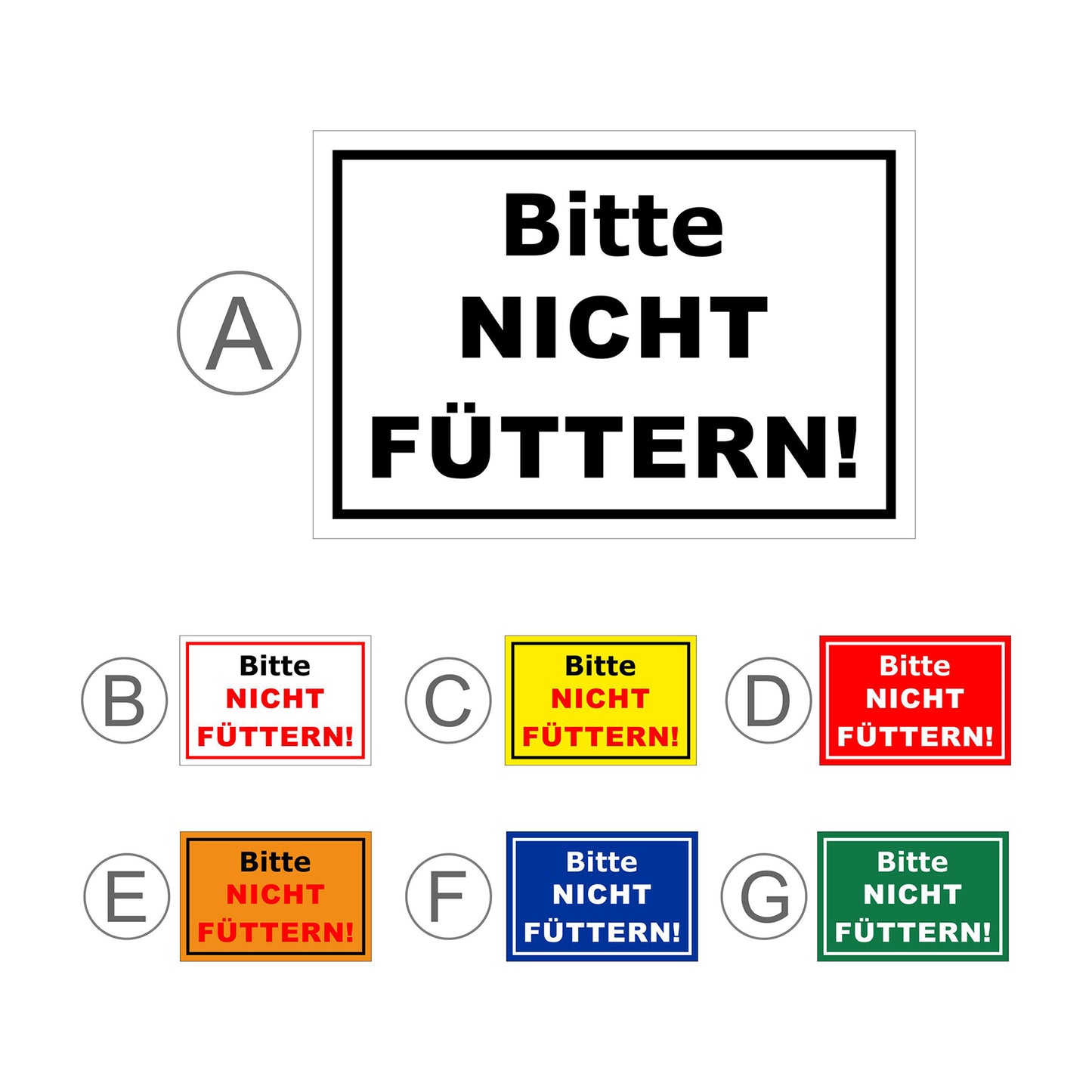 Übersichtsbild Schild Füttern verboten Bitte NICHT FÜTTERN Hinweis mit allen verfügbaren Farbvarianten