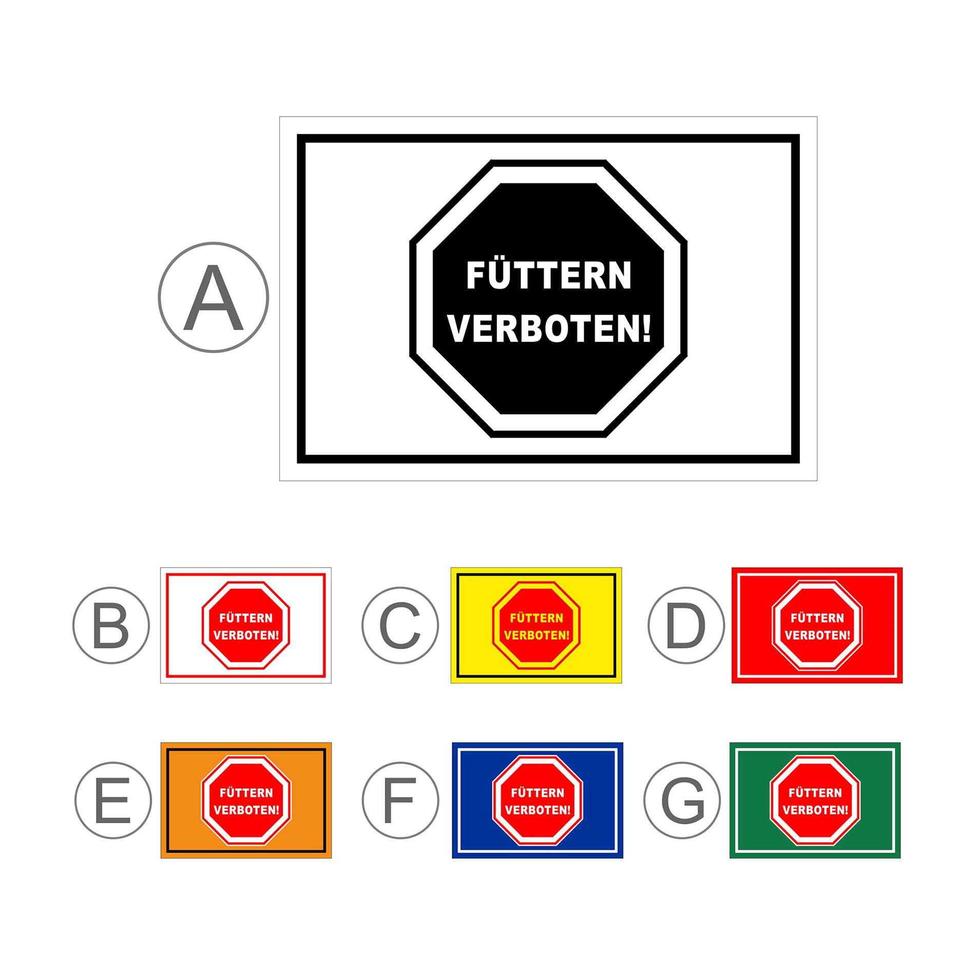 Übersichtsbild Schild Füttern verboten Hinweis mit Stoppsymbol ‚FÜTTERN VERBOTEN!‘ mit allen verfügbaren Farbvarianten