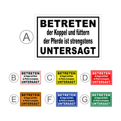 Übersichtsbild Schild Koppel betreten und Pferde füttern untersagt mit allen verfügbaren Farbvarianten
