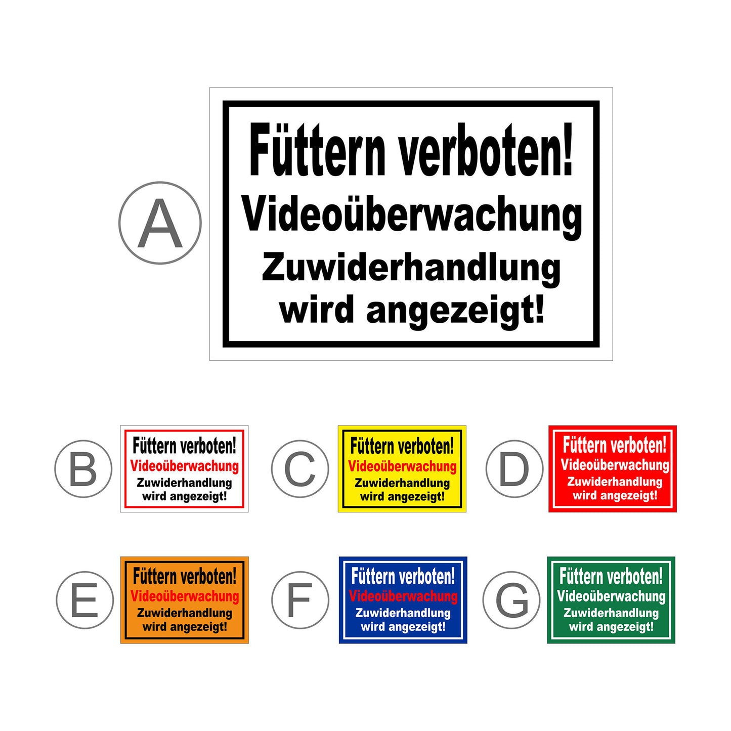 Übersichtsbild Schild Füttern verboten Videoüberwachung mit allen verfügbaren Farbvarianten