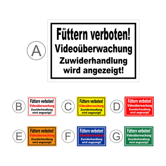 Übersichtsbild Schild Füttern verboten Videoüberwachung mit allen verfügbaren Farbvarianten