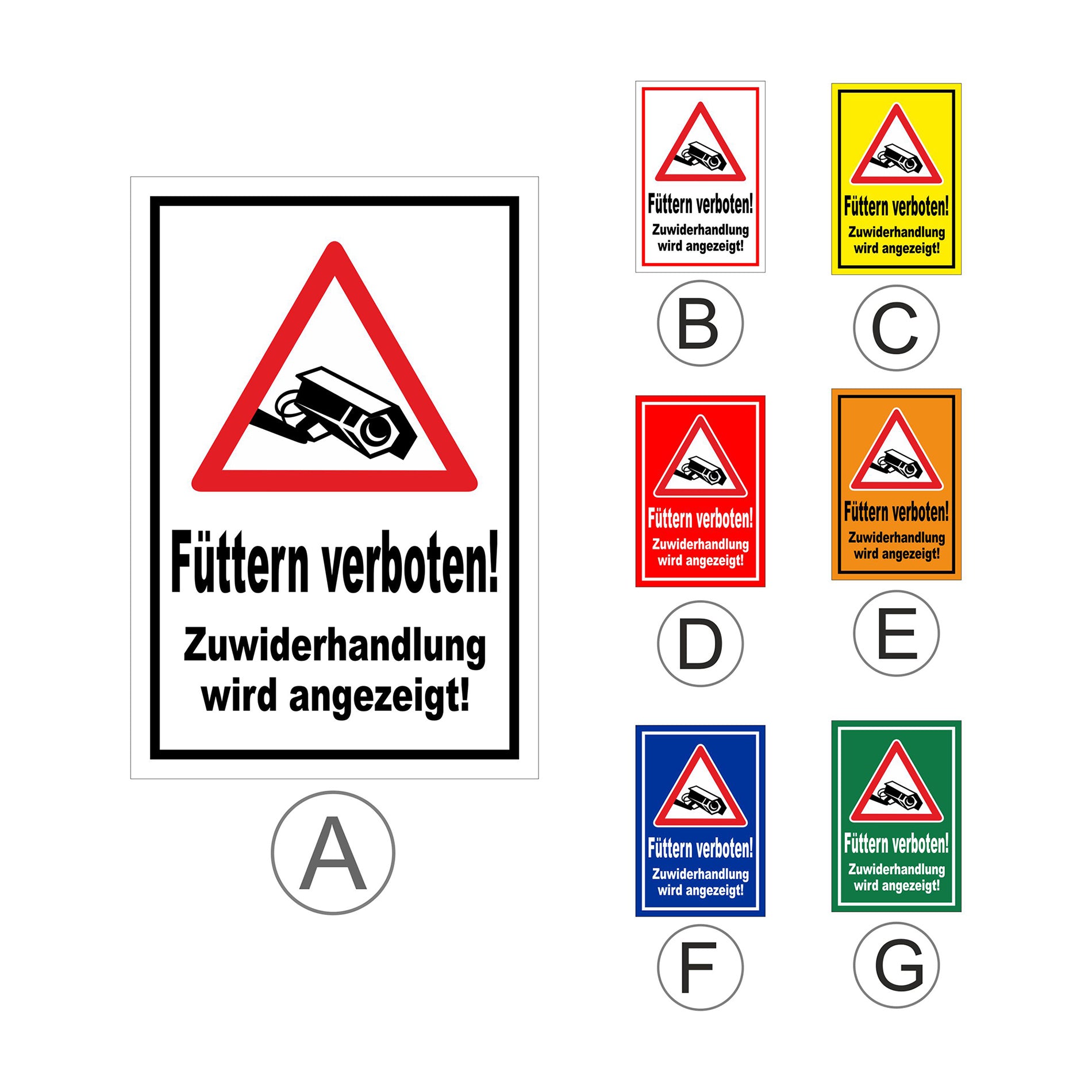 Übersichtsbild Schild Füttern verboten Zuwiderhandlung wird angezeigt mit allen verfügbaren Farbvarianten