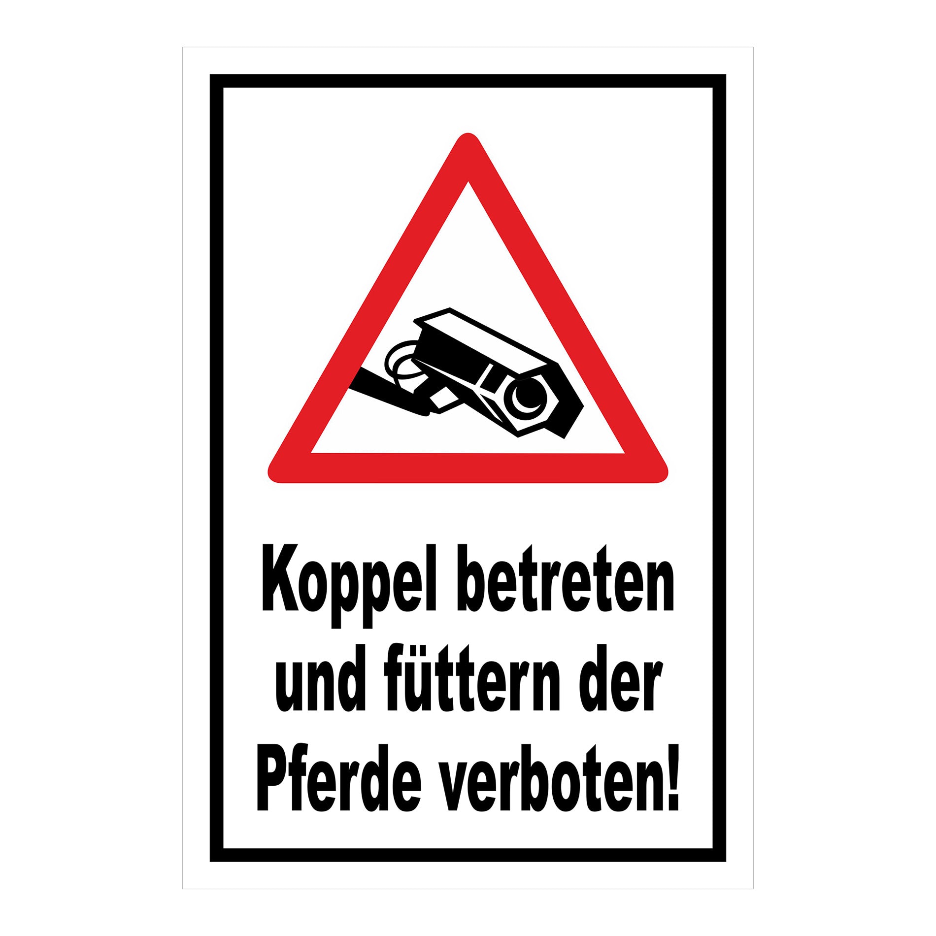 Schild Koppel betreten und Pferde füttern verboten in Weiß mit schwarzem Rand