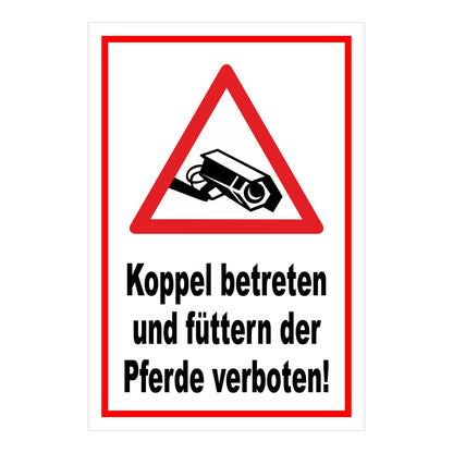 Schild Koppel betreten und Pferde füttern verboten in Weiß mit rotem Rand