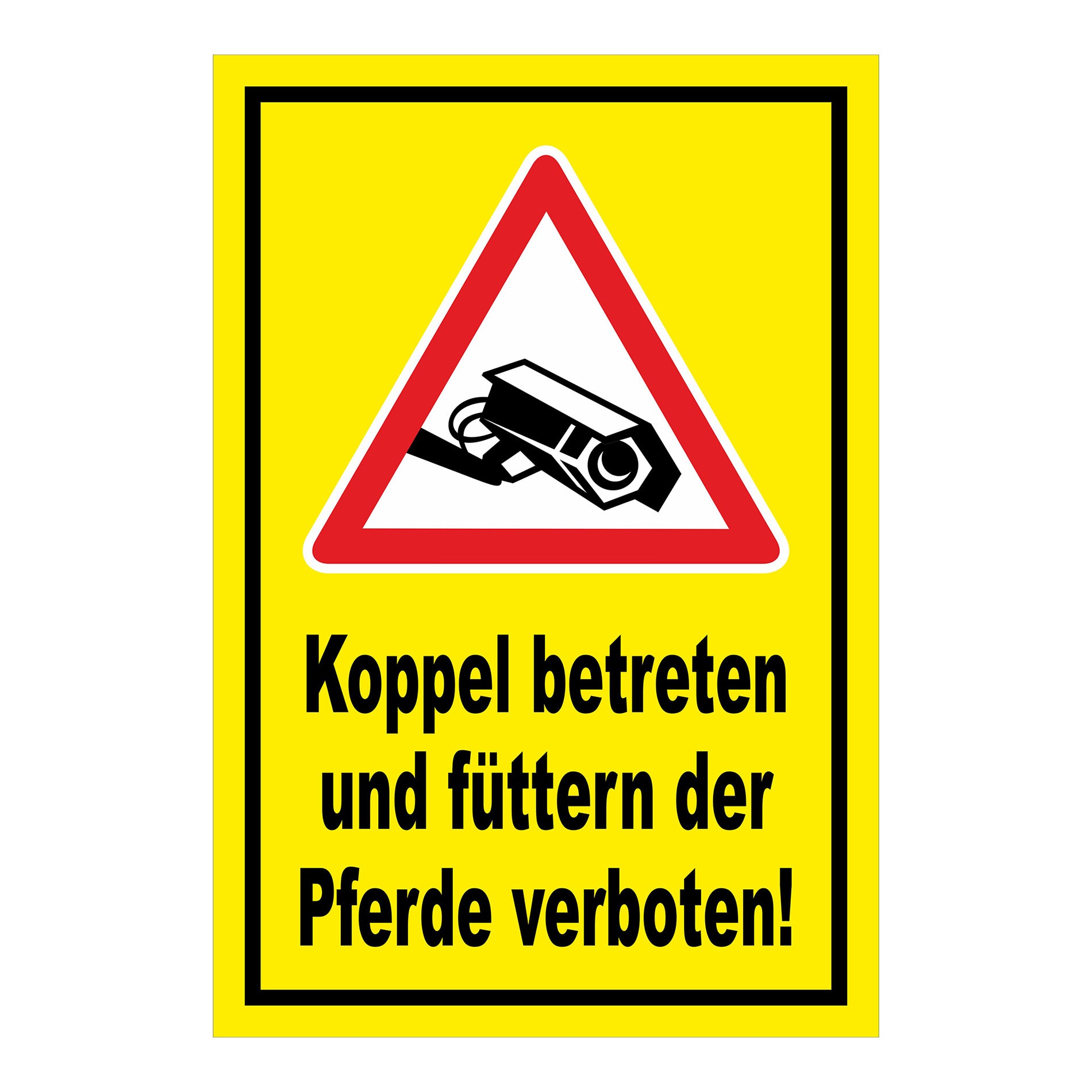 Schild Koppel betreten und Pferde füttern verboten in Gelb mit schwarzem Rand