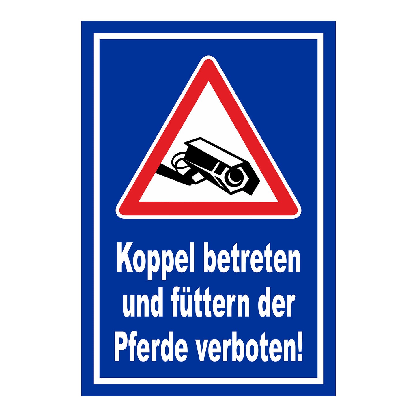 Schild Koppel betreten und Pferde füttern verboten in Blau mit weißem Rand