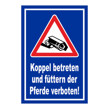 Schild Koppel betreten und Pferde füttern verboten in Blau mit weißem Rand