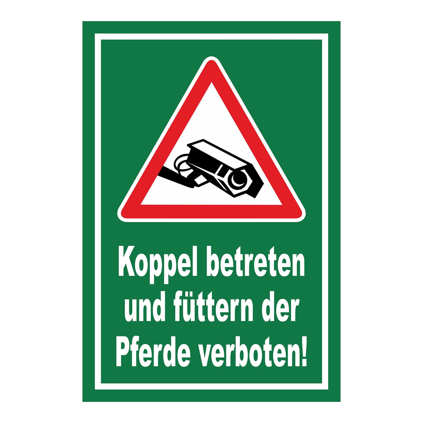 Schild Koppel betreten und Pferde füttern verboten in Grün mit weißem Rand