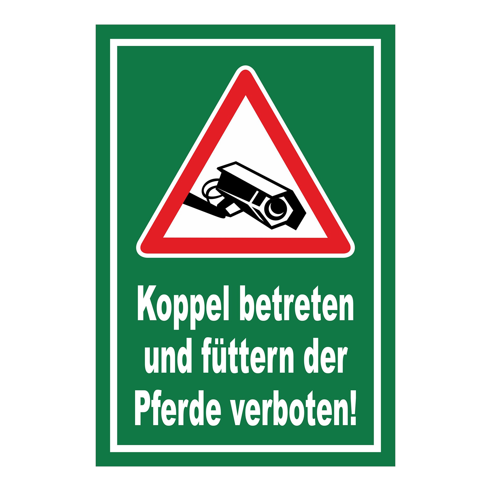 Schild Koppel betreten und Pferde füttern verboten in Grün mit weißem Rand