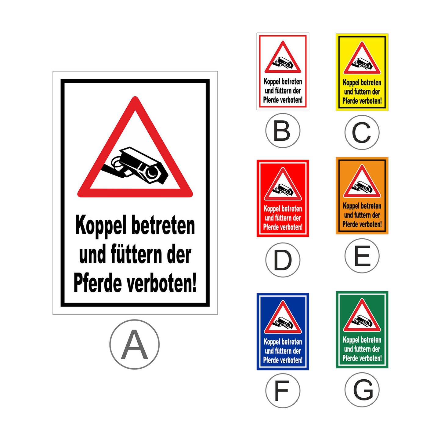 Übersichtsbild Schild Koppel betreten und Pferde füttern verboten mit allen verfügbaren Farbvarianten