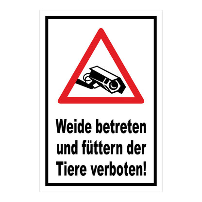 Schild Weide betreten und Tiere füttern verboten in Weiß mit schwarzem Rand