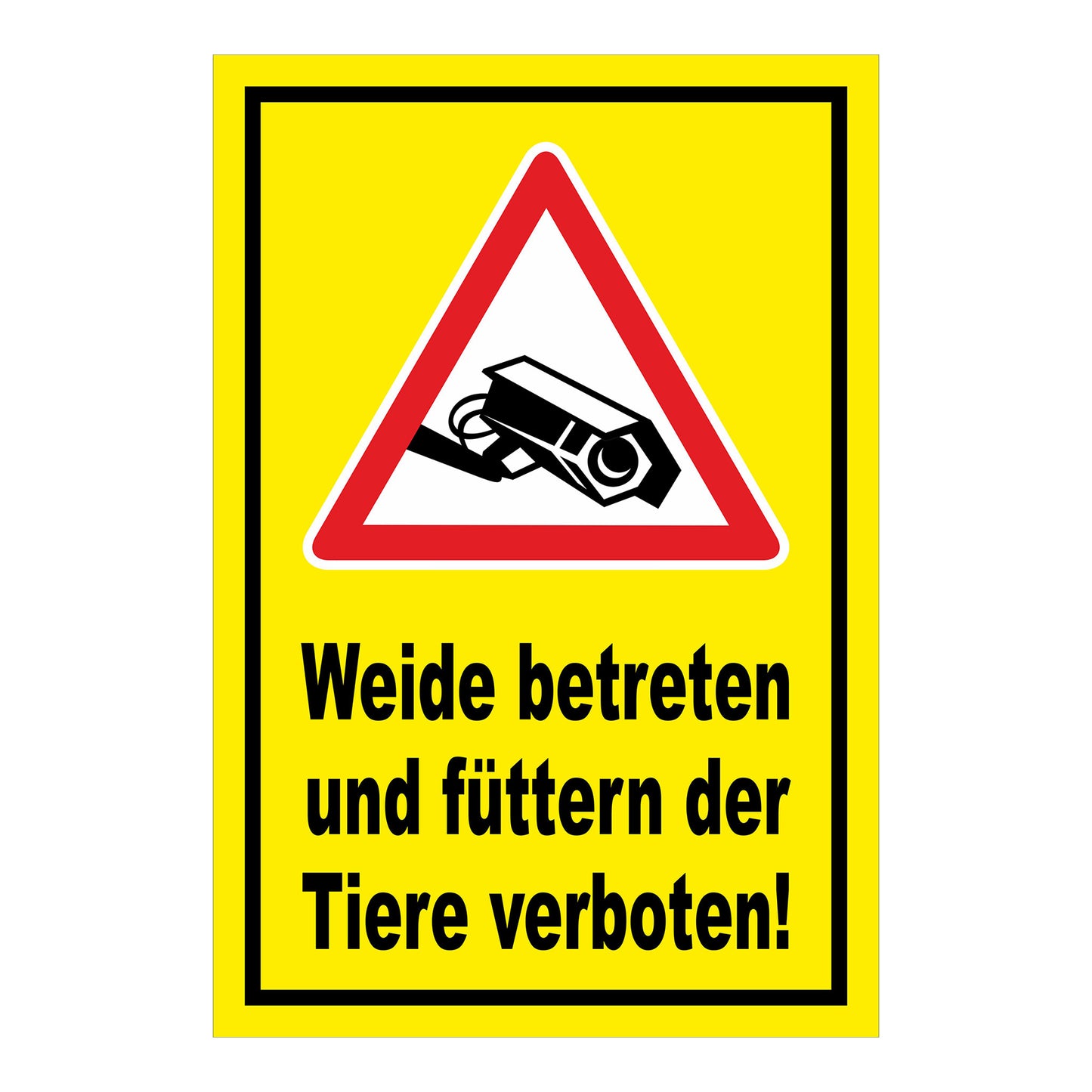 Schild Weide betreten und Tiere füttern verboten in Gelb mit schwarzem Rand