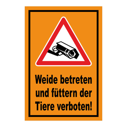 Schild Weide betreten und Tiere füttern verboten in Orange mit schwarzem Rand