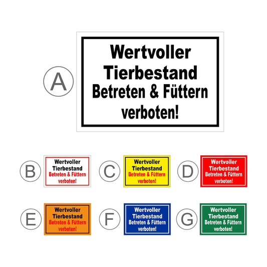 Übersichtsbild Schild Wertvoller Tierbestand Betreten & Füttern verboten mit allen verfügbaren Farbvarianten