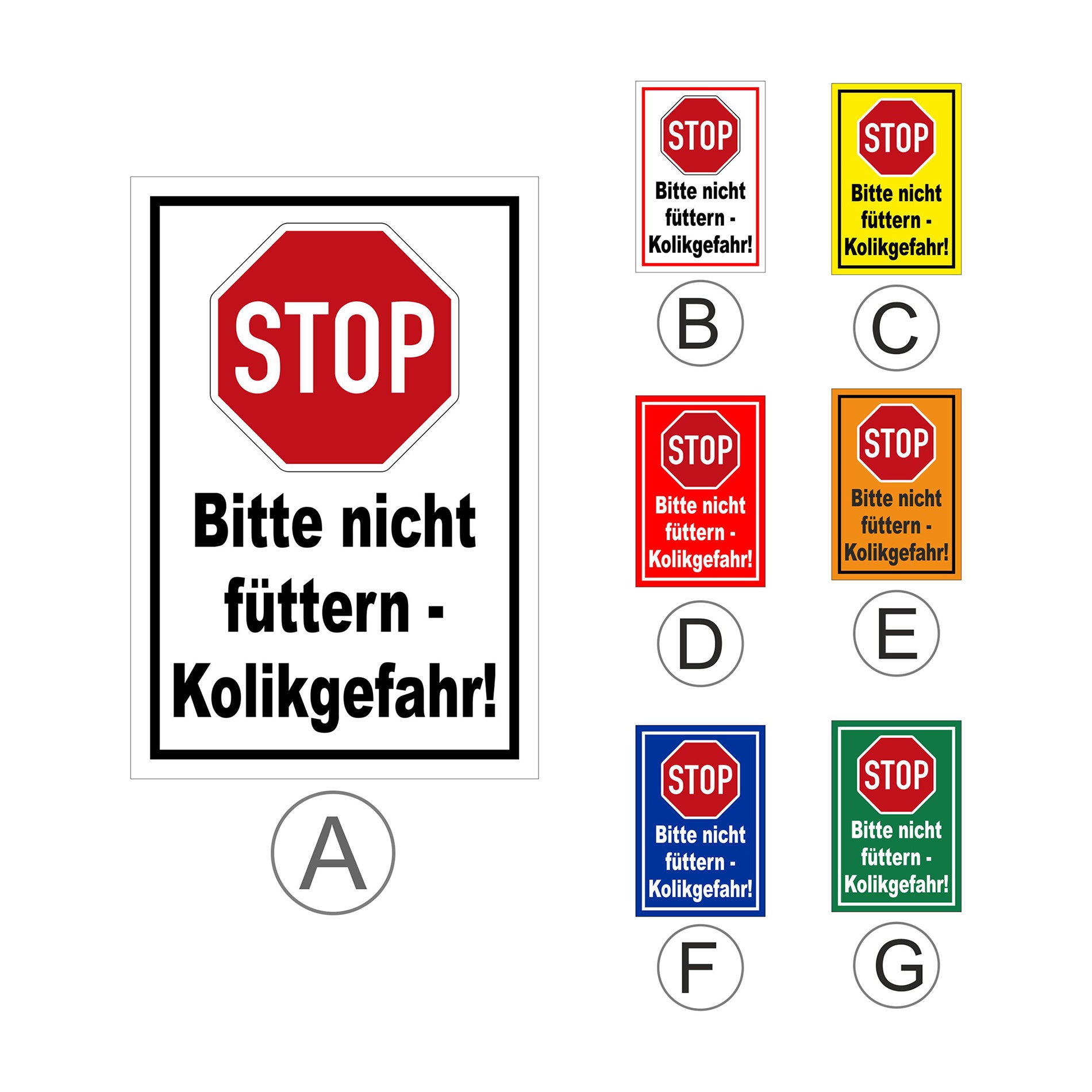 Übersichtsbild Schild Bitte nicht füttern Kolikgefahr mit Stop-Symbol mit allen verfügbaren Farbvarianten