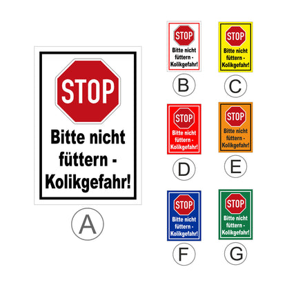 Übersichtsbild Schild Bitte nicht füttern Kolikgefahr mit Stop-Symbol mit allen verfügbaren Farbvarianten