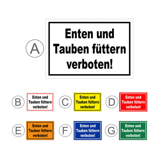 Übersichtsbild Schild Enten und Tauben füttern verboten mit allen verfügbaren Farbvarianten