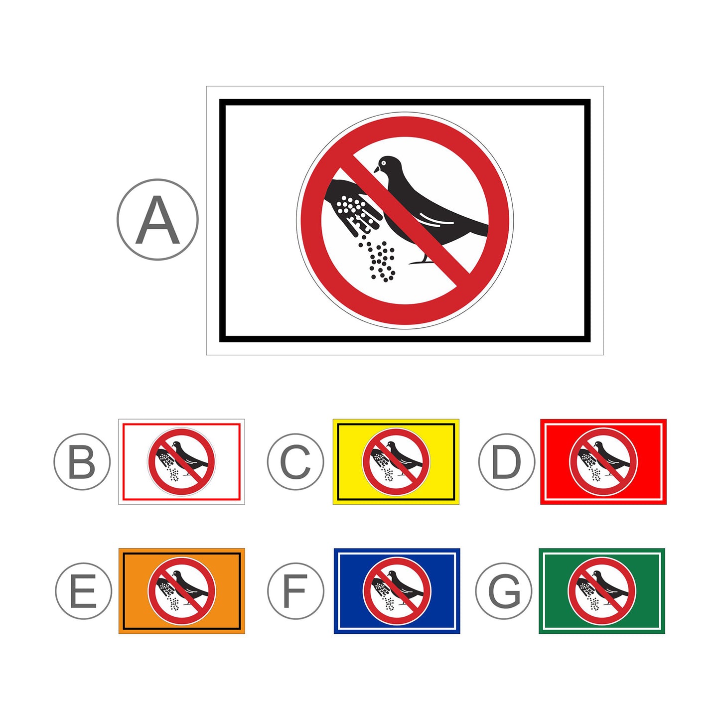 Übersichtsbild Schild Tauben nicht füttern Verbotsschild ‚Tauben nicht füttern‘ mit allen Farbvarianten