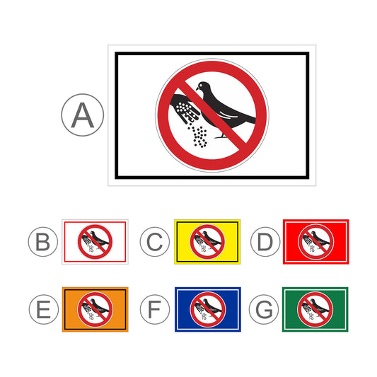 Übersichtsbild Schild Tauben nicht füttern Verbotsschild ‚Tauben nicht füttern‘ mit allen Farbvarianten
