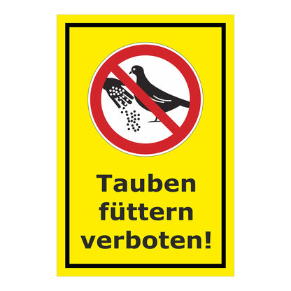Schild Tauben füttern verboten mit Verbotszeichen in Gelb mit schwarzem Rand