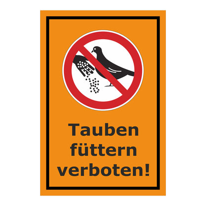 Schild Tauben füttern verboten mit Verbotszeichen in Orange mit schwarzem Rand