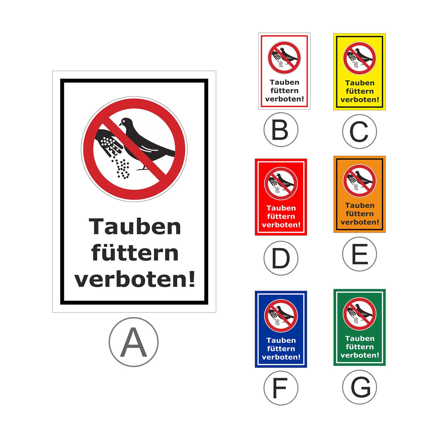 Übersichtsbild Schild Tauben füttern verboten mit Verbotszeichen mit allen verfügbaren Farbvarianten