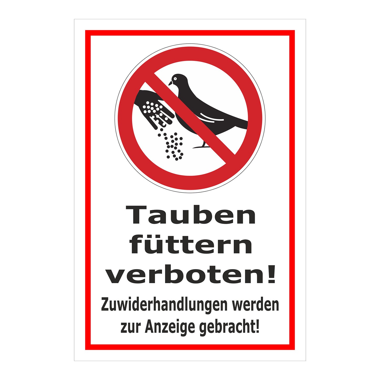 Schild Tauben füttern verboten! Zuwiderhandlungen werden zur Anzeige gebracht! in Weiß mit rotem Rand