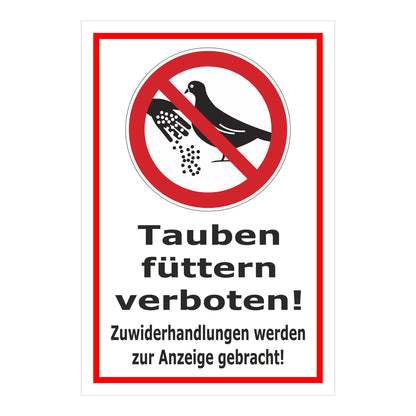 Schild Tauben füttern verboten! Zuwiderhandlungen werden zur Anzeige gebracht! in Weiß mit rotem Rand