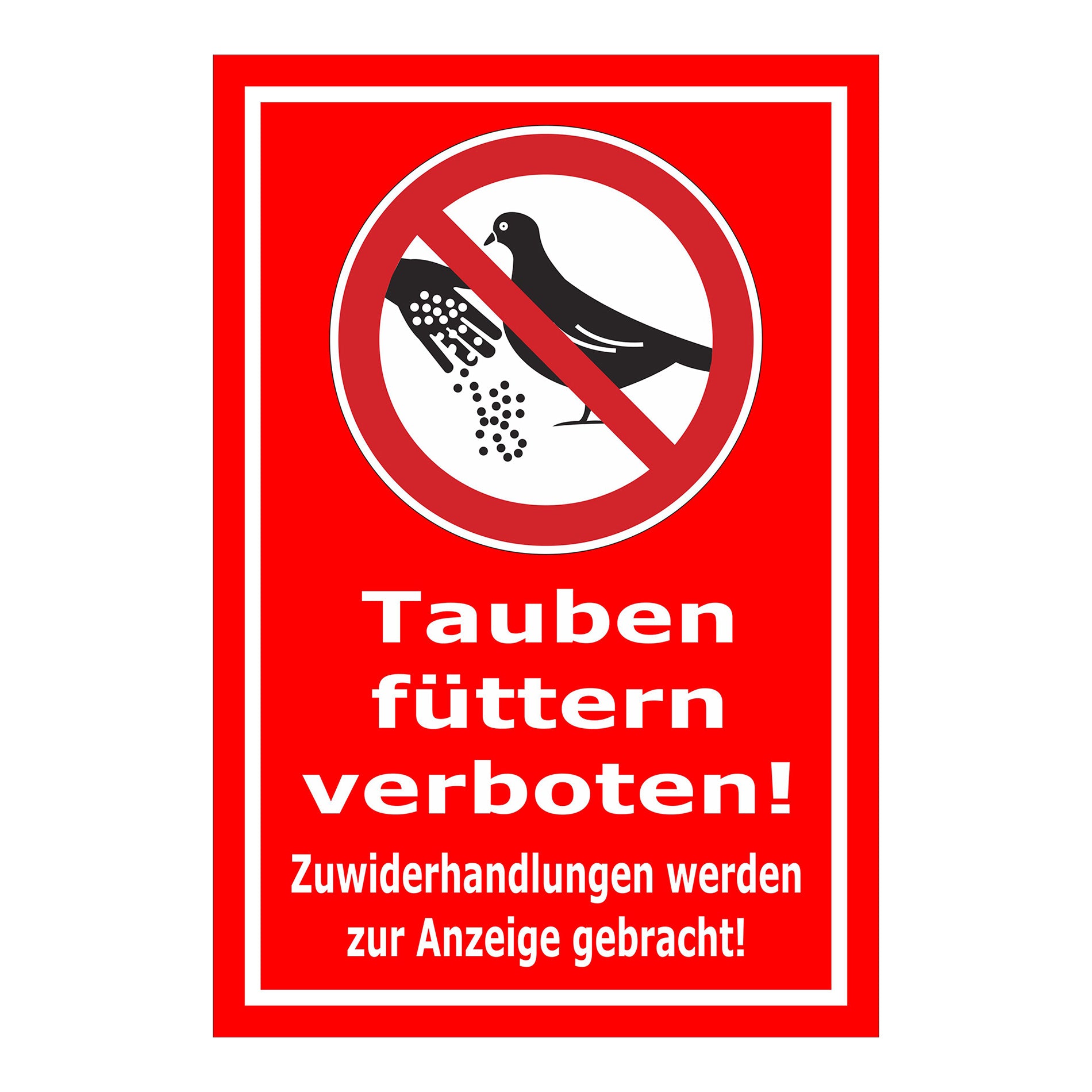 Schild Tauben füttern verboten! Zuwiderhandlungen werden zur Anzeige gebracht! in Rot mit weißem Rand
