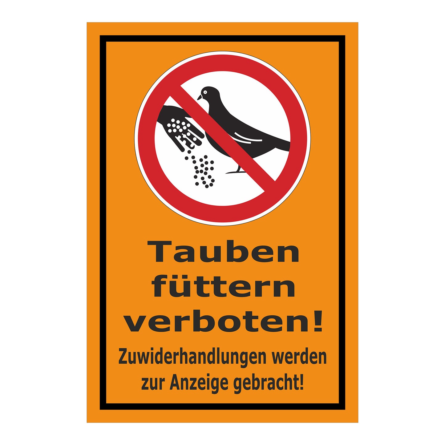 Schild Tauben füttern verboten! Zuwiderhandlungen werden zur Anzeige gebracht! in Orange mit schwarzem Rand