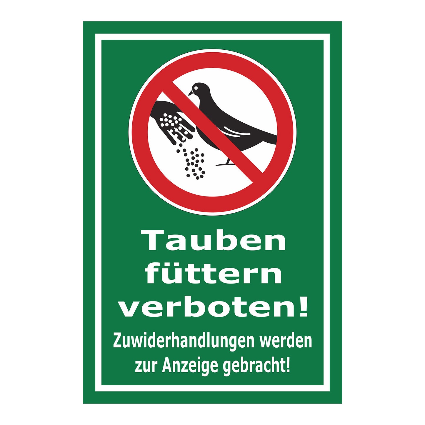 Schild Tauben füttern verboten! Zuwiderhandlungen werden zur Anzeige gebracht! in Grün mit weißem Rand