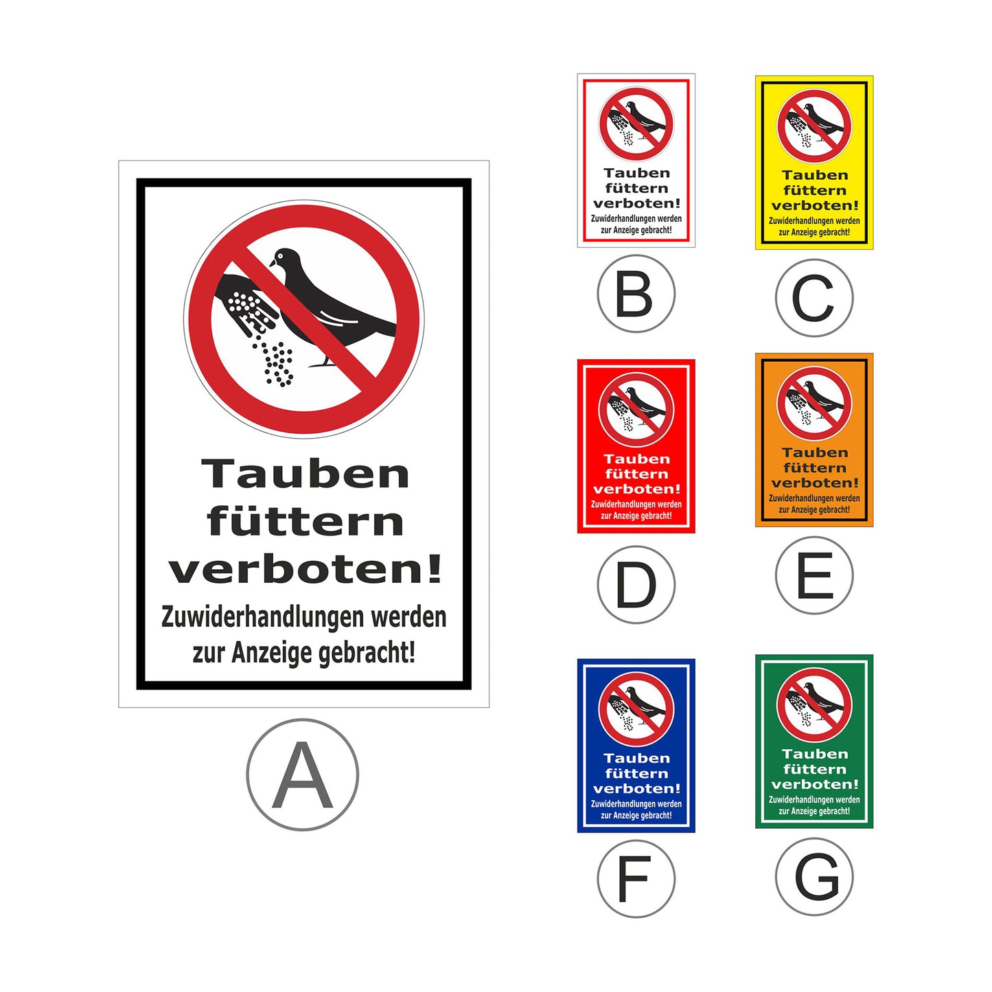 Übersichtsbild Schild Tauben füttern verboten mit Anzeigehinweis mit allen verfügbaren Farbvarianten