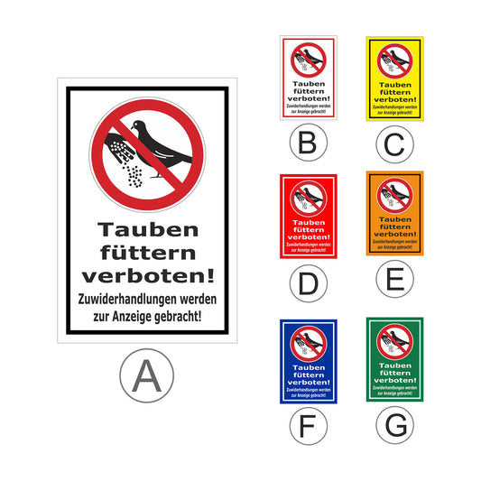 Übersichtsbild Schild Tauben füttern verboten mit Anzeigehinweis mit allen verfügbaren Farbvarianten