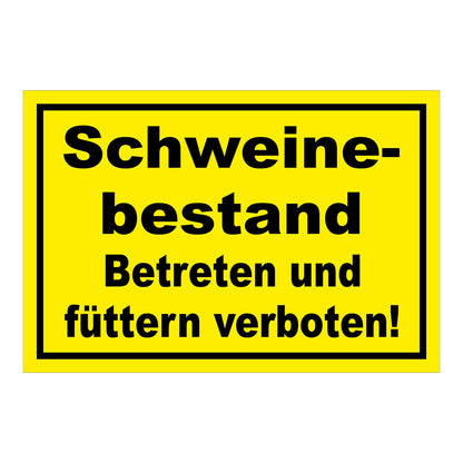 Schild Schweinebestand Betreten und füttern verboten Hinweis in Gelb mit schwarzer Schrift und schwarzem Rand