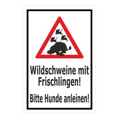 Schild Wildschweine mit Frischlingen – Bitte Hunde anleinen ‚Wildschweine mit Frischlingen! Bitte Hunde anleinen!‘ in weiß-schwarz