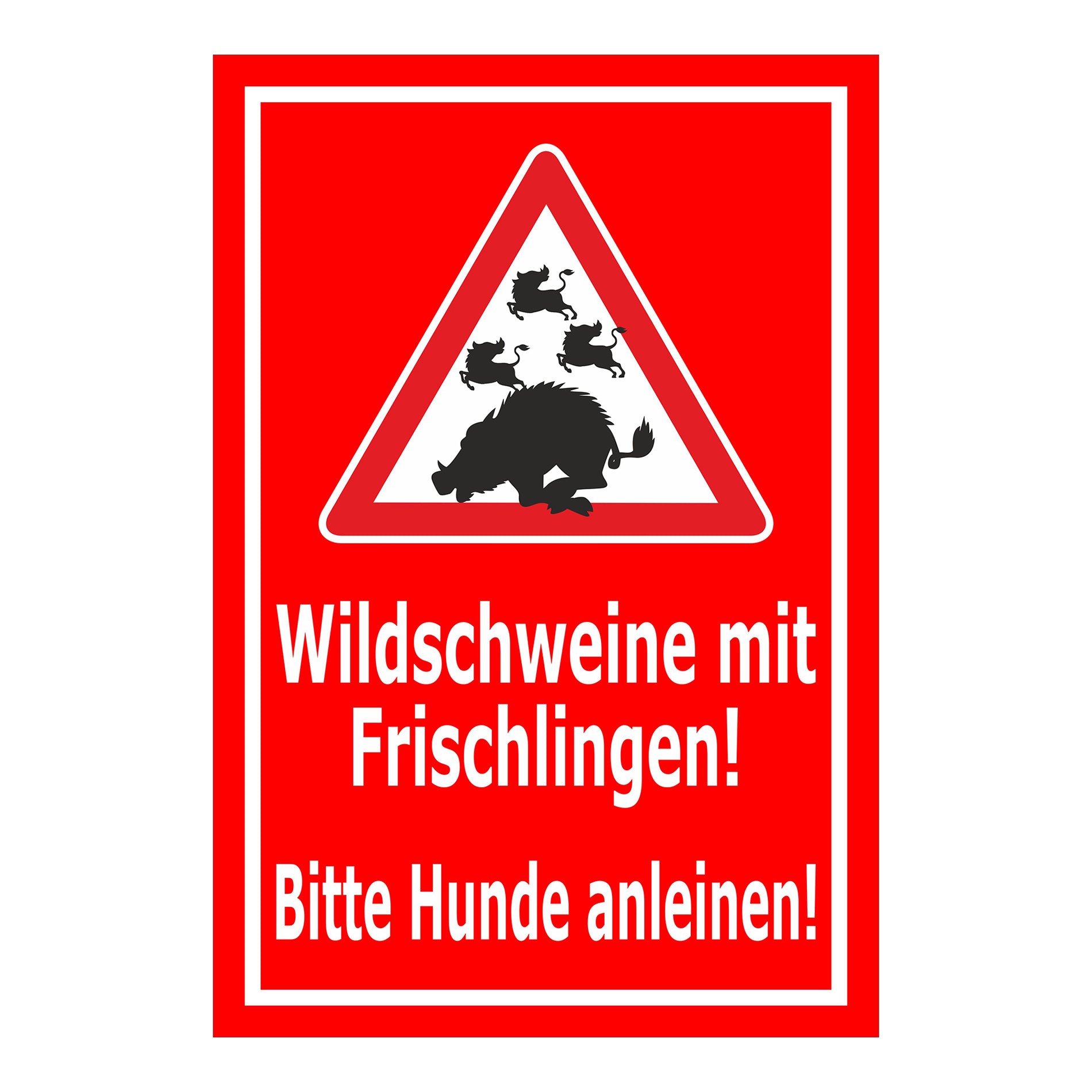 Schild Wildschweine mit Frischlingen – Bitte Hunde anleinen ‚Wildschweine mit Frischlingen! Bitte Hunde anleinen!‘ in rot-weiß