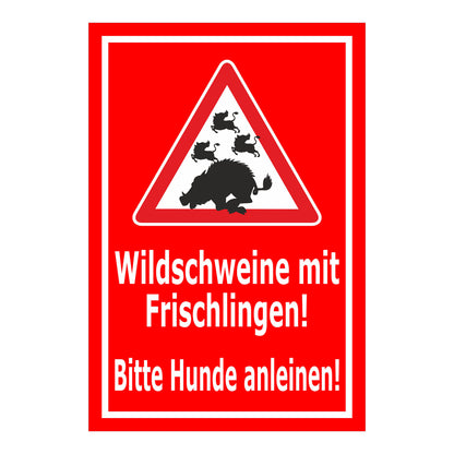 Schild Wildschweine mit Frischlingen – Bitte Hunde anleinen ‚Wildschweine mit Frischlingen! Bitte Hunde anleinen!‘ in rot-weiß