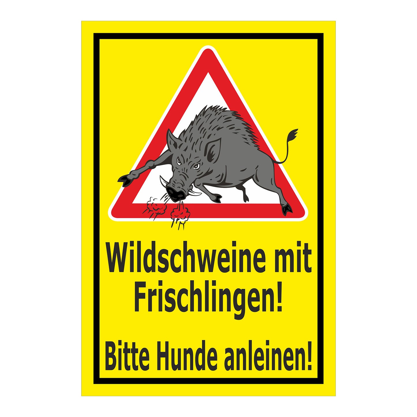 Schild Wildschweine mit Frischlingen – Bitte Hunde anleinen ‚Wildschweine mit Frischlingen! Bitte Hunde anleinen!‘ in gelb