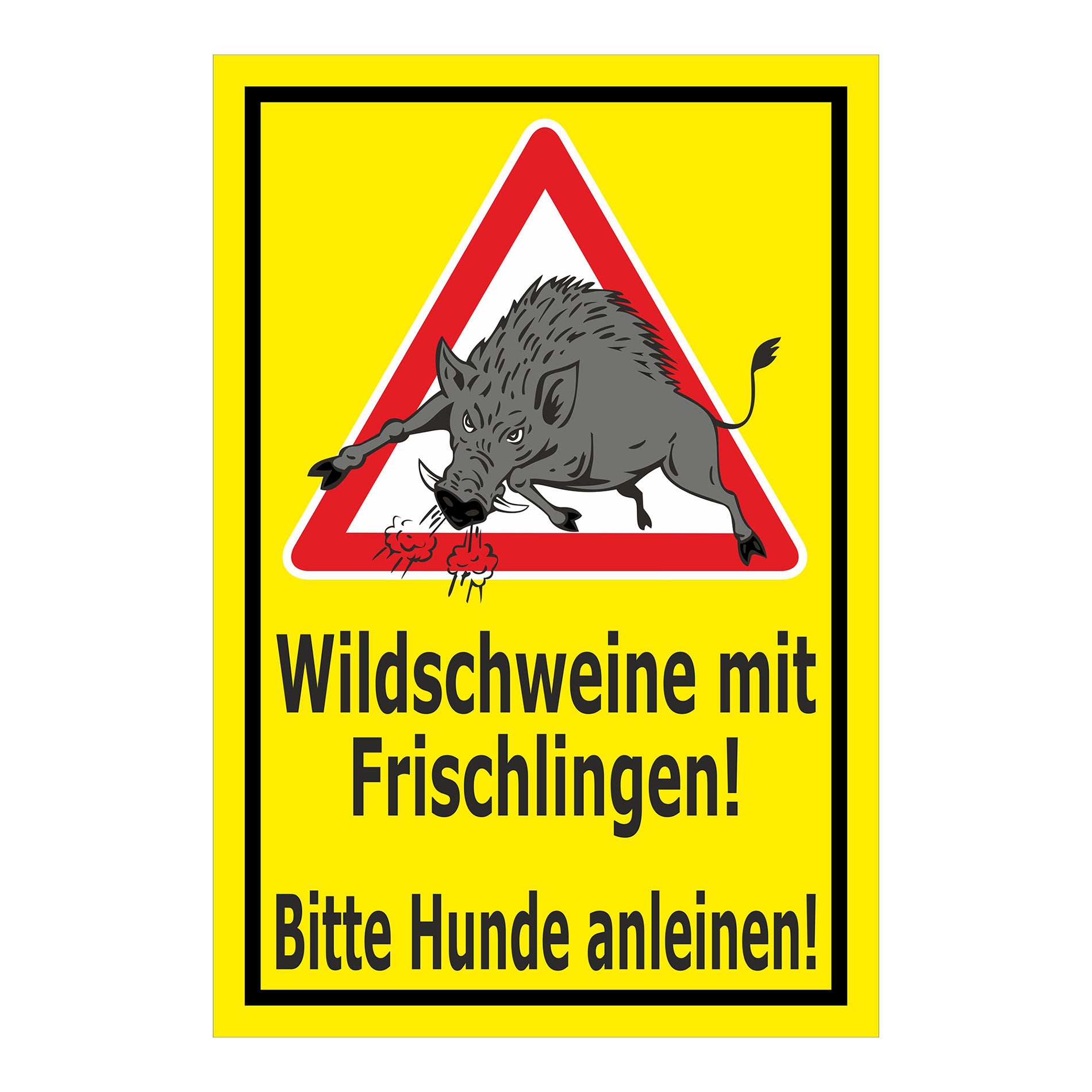 Schild Wildschweine mit Frischlingen – Bitte Hunde anleinen ‚Wildschweine mit Frischlingen! Bitte Hunde anleinen!‘ in gelb